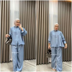 KANIA SET//SETELAN WANITA DEWASA//ONE SET RAYON MOTIF SALUR/SETCEL LENGAN PUFFY