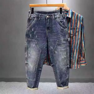 Trendy Workwear Jeans Mens Loose Fit Vintage Straight Leg Harlan Pants Multiple Pockets Durable Casual Wear Classic Blue