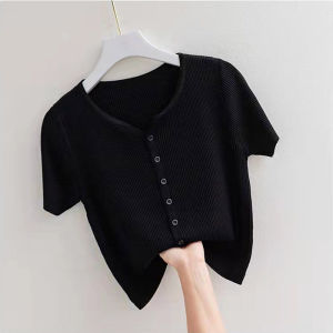 Elegant French Style Versatile Fitting V-Neck Short Sleeve T-Shirt