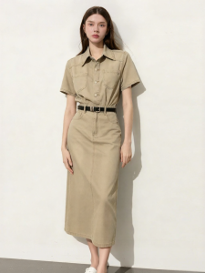 D-PLAY | Khaki Multi-pocket Washed Denim Dress