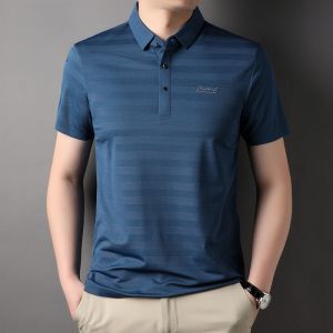 ROMON | Lormen Mens Ice Silk Short Sleeve T-Shirt Summer Thin Business Casual With Collar Polo Shirt Striped Mens Fashion Top