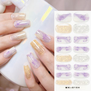16Tips/Sheet Gradient Pink Baking-Free Gel Nail Stickers with Gold Silver Glitter Adhesive Nails Wraps Full Cover Manicure Strip