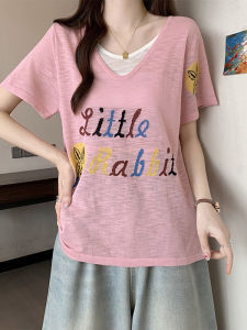 Shalldoer | Cartoon Letter Knitted Short Sleeve T-Shirt Womens Summer New Style Slimming Color Block Fake Two-Piece Top Casual Fashion