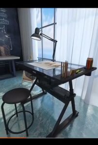 【 Factory direct sales with lights 】 Drawing tempered glass table equipped with additional side table drawers and leather cushioned stools
