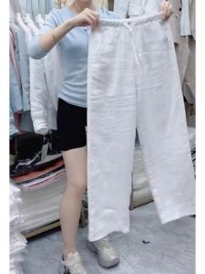 High Waist Elastic Wide Leg Pants Womens Linen Blend Casual Straight Cut Breathable Comfortable Nine Point Pants Commute Style