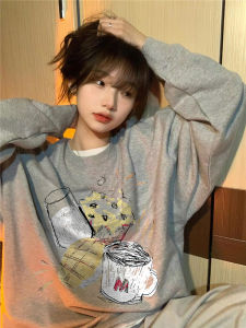 Pure Cotton round Neck Sweatshirt Womens High Street American Retro Design Spring Autumn Small Size Lazy Chic Long Sleeve Top