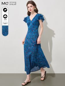Mo | Summer New Silk V-neck Floral Print Fly-sleeve Dress Women Mulberry Silk Slim-fit French Style Long Dress Casual High-waisted A-line Skirt