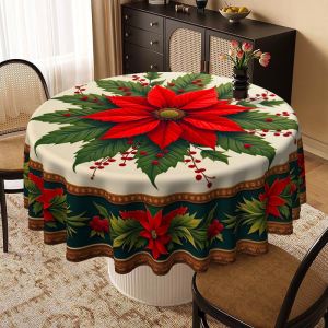 VIKAMA Christmas Poinsettia Round Table Cover Cream Green Leaf Berry Vintage Gold Trim Xmas Holiday Dining Tablecloth Decor