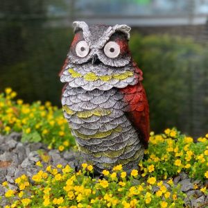 Fake Owl Decor Outdoor Statue with Solar Light Owl Decoy to Scare Birds Away From Garden Patio Rotating Head Resin 8.5 inch Owl Sculpture Bird Deterrents for outside Squirrel and Pigeon Deterrents