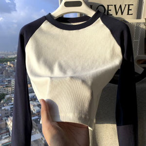 Áo Thun Dài Tay Cạp Cao Cho Nữ Mùa Xuân Thu Áo Lót Ngắn Màu Khối Thiết Kế Độc Đáo Áo Khoác Ngoài Thường Ngày Áo Thun Cotton