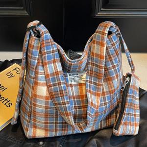 Casual Large Capacity Tartan Tote Bag Fashionable 2024 Handbag Shopping Bag Simple Crossbody Bag for Young Adults