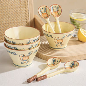 Ceramic Cheese Rabbit Design Rice Bowl Soup Bowl Underglaze Ceramic High Footed Bowl Home Use 5 Inch Bowl Creamy Style