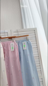 Quần Suông Ống Rộng Nữ Cạp Chun Thêu Hoa 2 Lớp Chất Đũi Linen Mặc Mát Tôn Dáng Có Quần Lót Trong