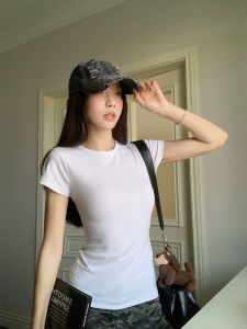 Áo Thun Nữ Tay Ngắn Màu Trắng Cổ Tròn Ôm Vừa Vặn Mùa Hè Đa Năng Co Giãn Thon Gọn Gợi Cảm Áo Lót Cổ Tròn