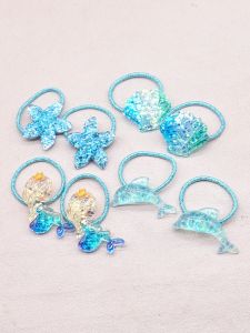 Princess Blue Dreaming Mermaid Hair Tie Headwear Girl Shiny Shell Starfish Non-Damaging Hair Elastic Children Hair Accessories