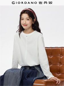 Giordano Long Sleeve Pure Cotton T-Shirt Womens Loose round Neck Top Metal Tag Autumn Winter New Style 13325785 Casual Fashion