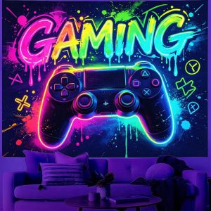 VIKAMA Gaming Controller Wall Tapestry Neon Style Polyester Tapestry Wall Hanging for Boys Bedroom Gaming Room Decor