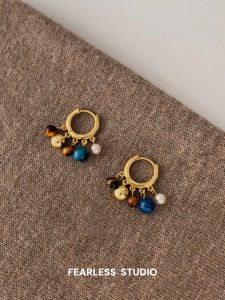 Fearless New Chinese Style Color Collision Natural Stone Beaded Earrings Womens Autumn Winter Vintage High-End Feeling Ear Jewelry
