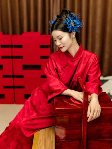 Red Wedding Dress Set New Chinese Style Reformed Cheongsam Bride Morning Robe Lazy Half-length Long Skirt Elegant High-waist A-line Skirt