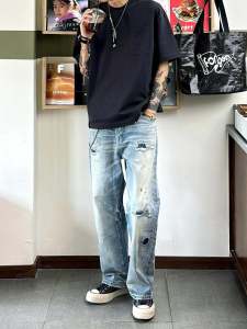 Retro Washed Rộng Rãi Nam Quần Jean Đấm Lỗ Phong Cách Vibe Đa Năng Chân Ống Thẳng Ống Rộng Quần Thoải Mái Trẻ Trung Mọi Mùa