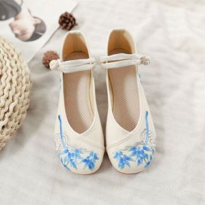 Spring Blue and White Porcelain Retro Ethnic Style Embroidered Cotton Shoes Buckle round Toe Low Heel Red Dancing Shoes Lace-up Womens Shoes