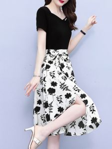 Summer New Womens Chiffon Dress A-Line Midi Skirt Short Sleeve Fake Two-Piece High Waist Korean Style Commute Print Dress