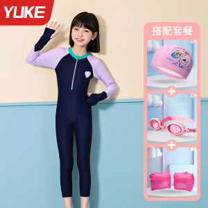 Childrens One-Piece Swimsuit Girl Long Sleeve Long Pants Sun Protection Swimming Costume Casual Surf Suit Polyester Fiber