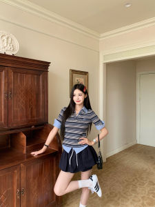 Áo Thun Polo Kẻ Sọc Đan Xen Màu Tương Phản Giả Hai Mảnh Cho Nữ Mùa Hè Có Dây Buộc Quần Áo Dài Tay Cổ Polo Thường