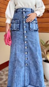 Rok Span Jeans Rok Jumbo Wanita Melar Rok Cargo Lepis Full Kancing Jinsy Rok Model Terbaru