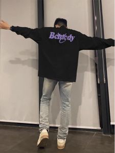 เสื้อยืดคอกลมแขนยาวผ้าฝ้ายแท้ไซส์ใหญ่พิมพ์ลายตัวอักษรสไตล์อเมริกันสำหรับผู้ชาย ฤดูใบไม้ร่วง ลำลอง น้ำหนักเบา แฟชั่น เสื้อตัวบนหลวมๆ