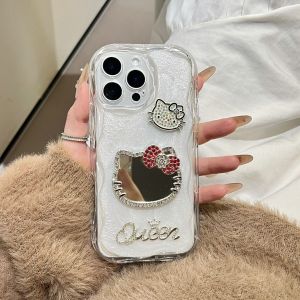 【New】Cream Diamond Kitty Makeup Mirror IMD Phone Case with Bracelet For iPhone 7 8 X XS XR 11 12 13 14 15 16 Series