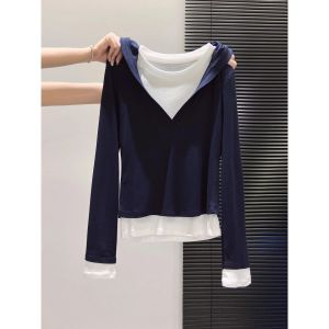 Womens Long Sleeve Hoodie T-shirt Color Block Base Layer Top Korean Style Slim Fit Modal Fabric Commute Fashion Autumn Wear