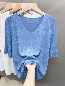 plus Size V-Neck Ice Silk Knitwear Short Sleeve Summer Top Loose Fit Versatile plus Size Fashionable Korean Style T-Shirt