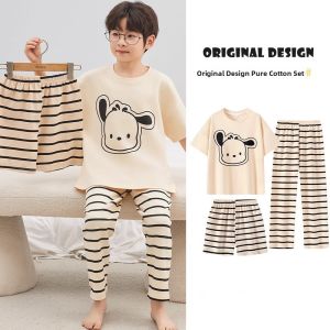 miiow | Pure Cotton Short Sleeve Childrens Sleepwear Set Cartoon Boy Home Clothes Three-Piece Suit For Boys Ages 4-13 Breathable Comfortable