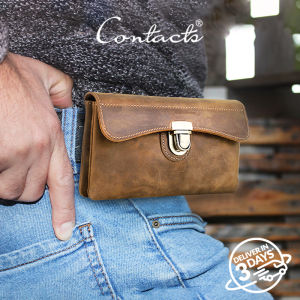 CONTACTS Genuine Leather Mens Waist Bag Phone Bag Coin Pocket Wallet High Quality Male Belt Bag Phone Pouch Vintage Waist Pack