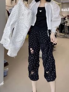 Trendy Designer High Waist Straight Leg Distressed Floral Jeans