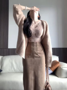 Large Size French Style Lace Trim Sweater Coat Womens Autumn Fashion Sensation Half Skirt Atmosphere Clothing Set