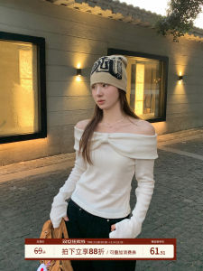 Sweet And Gentle Style Knitted Short Shoulder T-shirt Womens Slim Fit Versatile Top High Waist Long Sleeve Breathable Polyester Blend