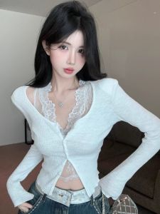 GUZILIAN | Áo len dệt kim cổ chữ V tay dài ôm vừa vặn gợi cảm Áo lót mùa thu Áo lót ren Pure Desire Korean Style dành cho nữ