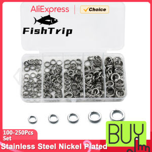 FishTrip100-250pcs Fishing Split Ring Set Stainless Steel Lure Connector Heavy Duty Flattened Fishing Ring Freshwater Saltwater