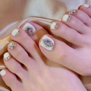 Aurora White Stone Nail Strips Rhinestone Toe Fake Nails Detachable Wearing Nail Art Stickers High Quality Nail Tools