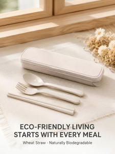 Portable Wheat Straw Cutlery Set Spoon Fork Chopsticks with Storage Box Reusable Eco-Friendly Travel Lunch Utensil Set f