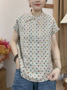 QINGNAER | Polka Dot Stand Collar Short Sleeve Summer Shirt Plus Size