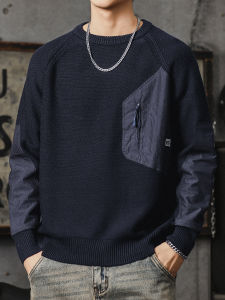 Retro American Lazy Style Mens Knitted Sweater Collage Color Block round Neck Overhead High End Feeling Casual Long Sleeve Top