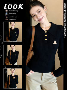 Embroidered Bear Black Slim Fit Spring Knit Polo Top