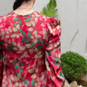 Áo Dài Việt Cổ Tròn Tay Phồng Satin Hoa Nhí Cao Cấp - Mẫu Giáo Sẵn