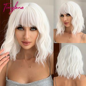 Beige Blonde Bob Wavy Synthetic Wigs with Bangs Short Cosplay Lolita Wigs for Women Afro DaiIy Natural Heat Resistant Fake Hair