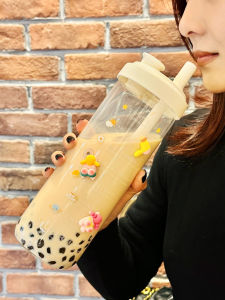 High Temperature Resistant Glass Drinking Cup Womens New Style Large Diameter Straw Cup Big Capacity Beverage Cup Korean Style round Shape