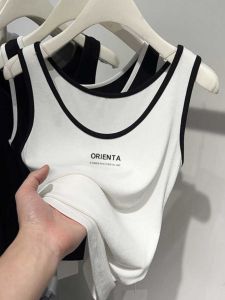 สลิมฟิต ลายพิมพ์ตัวอักษร เสื้อกล้าม ผู้หญิง ฤดูร้อน ชุดทํางานตัวใน ผ้าฝ้าย Blend แขนกุด เสื้อกั๊ก บล็อกสีสไตล์ยุโรป ดีไซน์