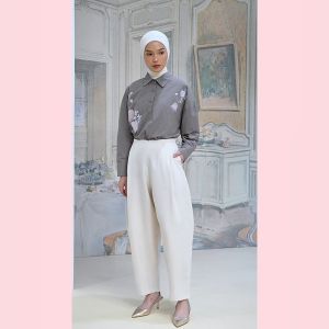HijabChic Liora Pants - Celana Panjang Formal Highwaist Barrel Basic Wool Premium Resleting Depan